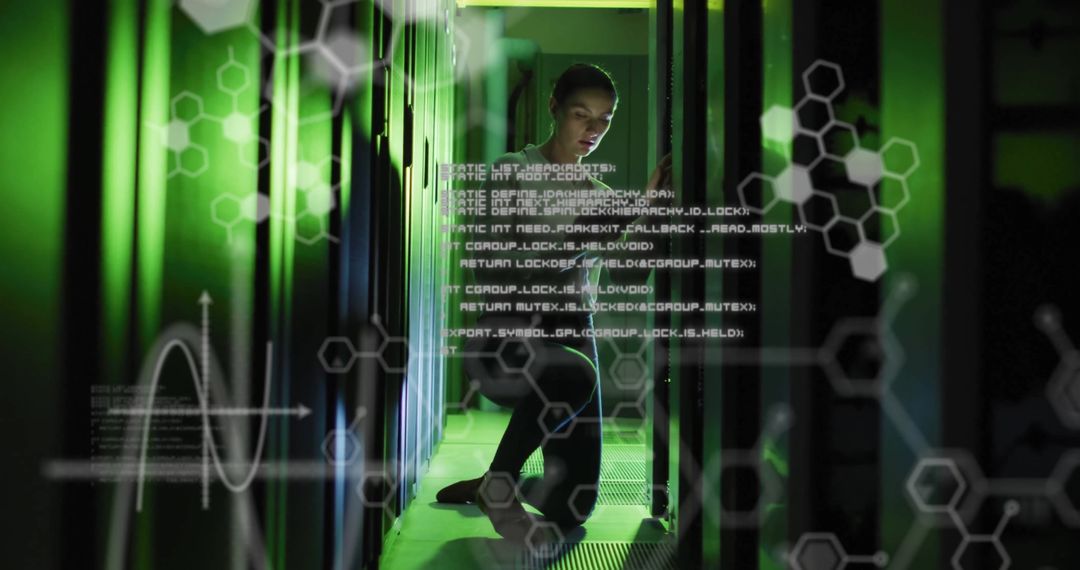 Asian Technician Monitoring Data in Futuristic Server Room