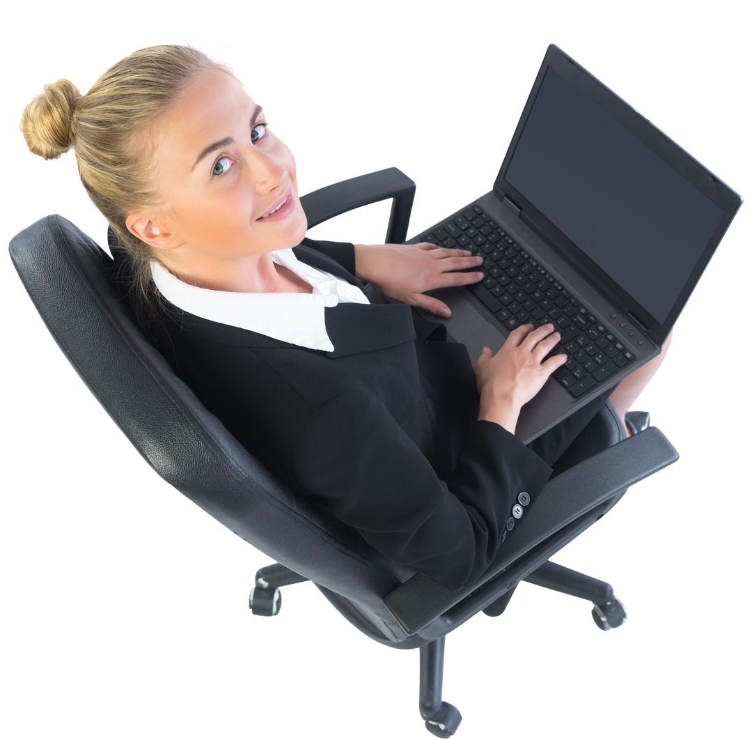 Blonde Businesswoman Sitting on Swivel Chair with Laptop Transparent Background - Download Free Stock Images Pikwizard.com