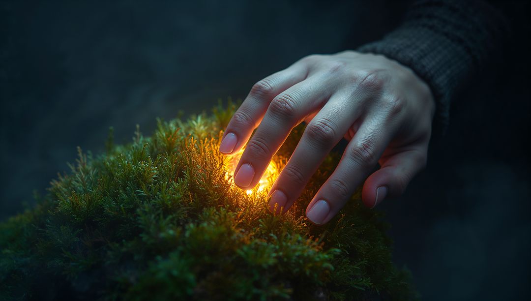 Hand Touching Glowing Light on Moss-Covered Rock in Mystical Forest