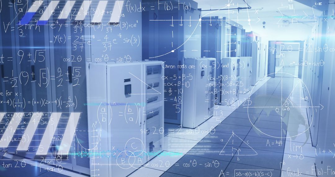 Futuristic Server Room with Digital Interface Graphics