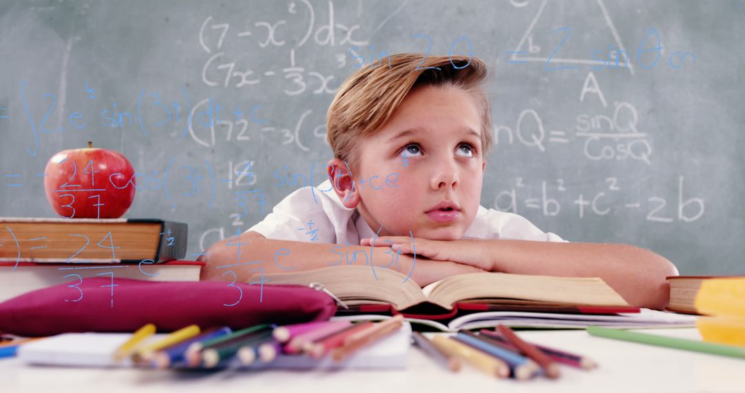 Thoughtful Boy Contemplating Mathematics at School Desk
