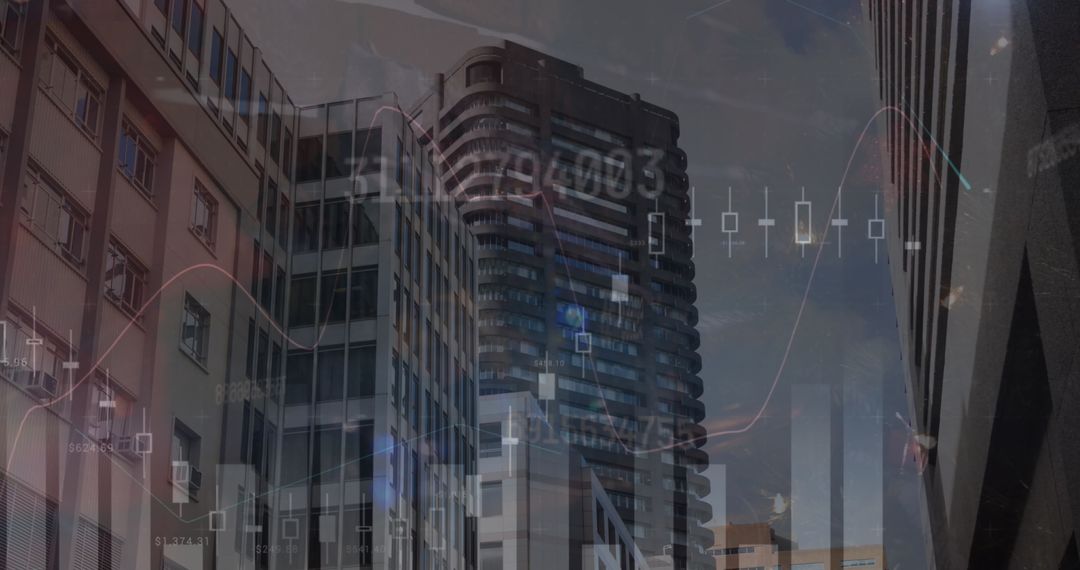 Cityscape with Digital Data Overlay Showing Global Business Dynamics