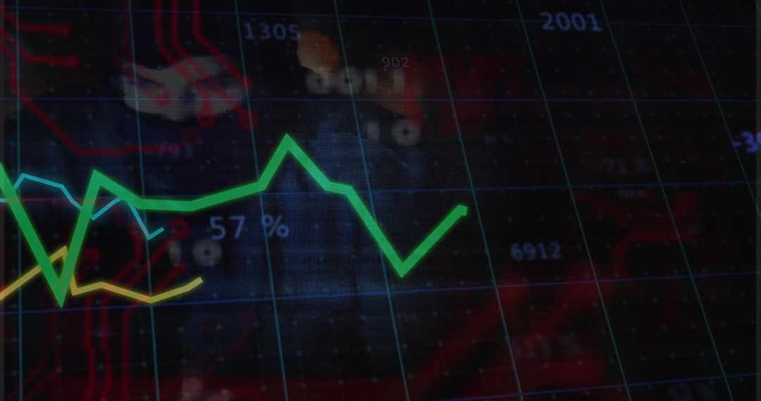 Green line graph trending on digital interface with data analytics elements