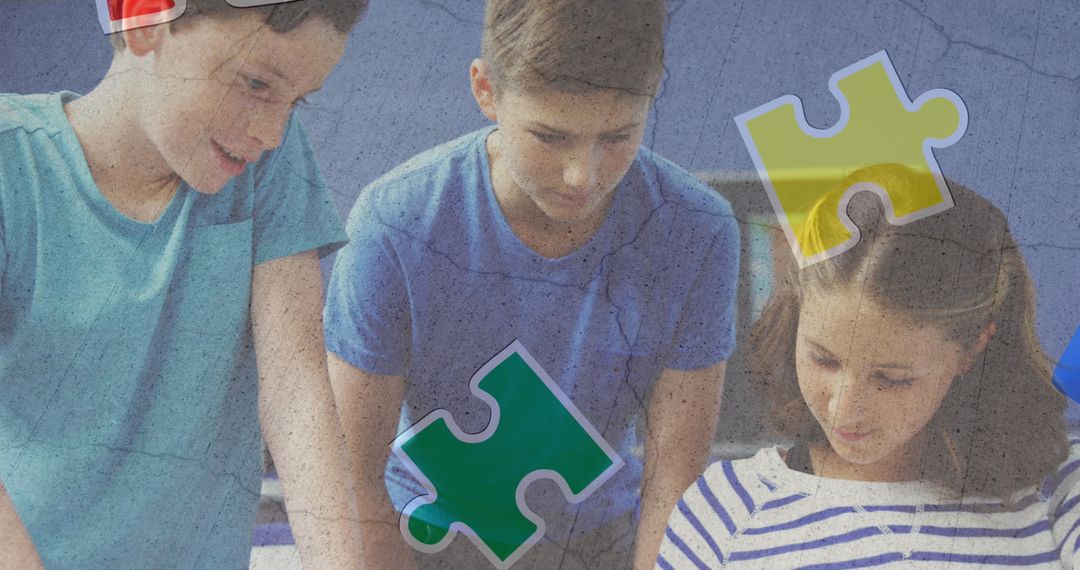 Students Collaborating on Tablet Learning with Puzzle Pieces