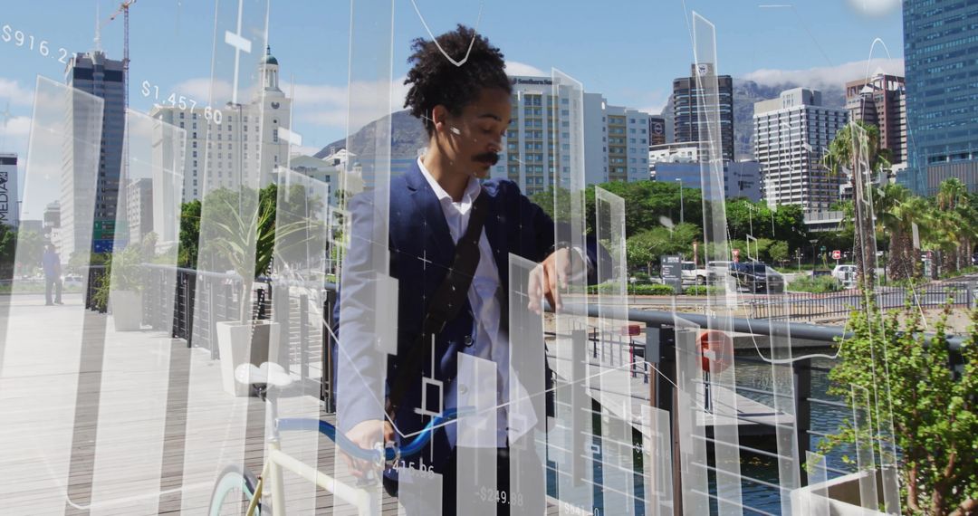 Businessman Synchronizing with Financial Data over Urban Skyline