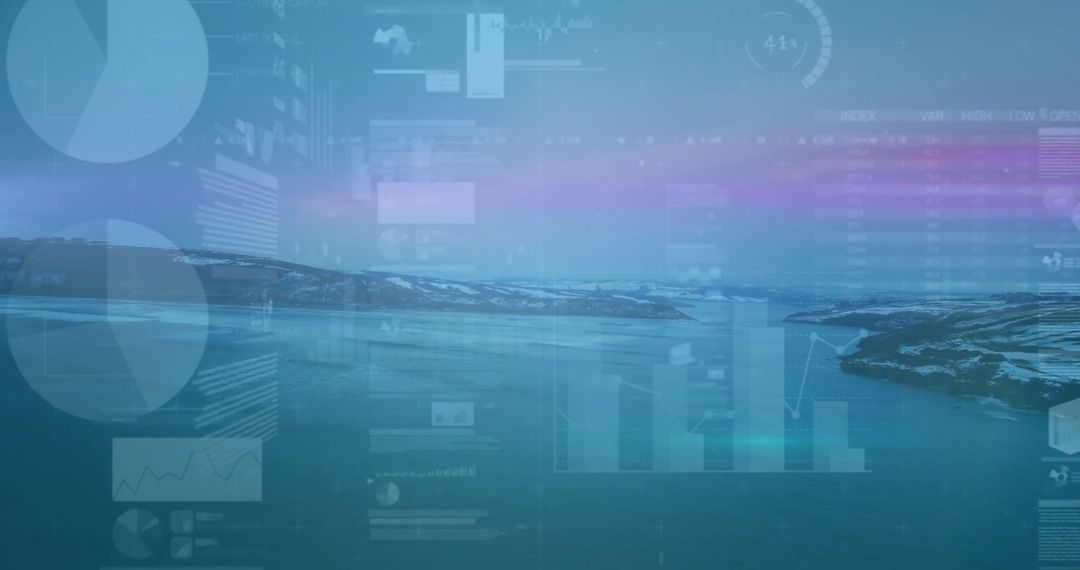 Futuristic Data Analytics Overlay on Serene Coastal Landscape