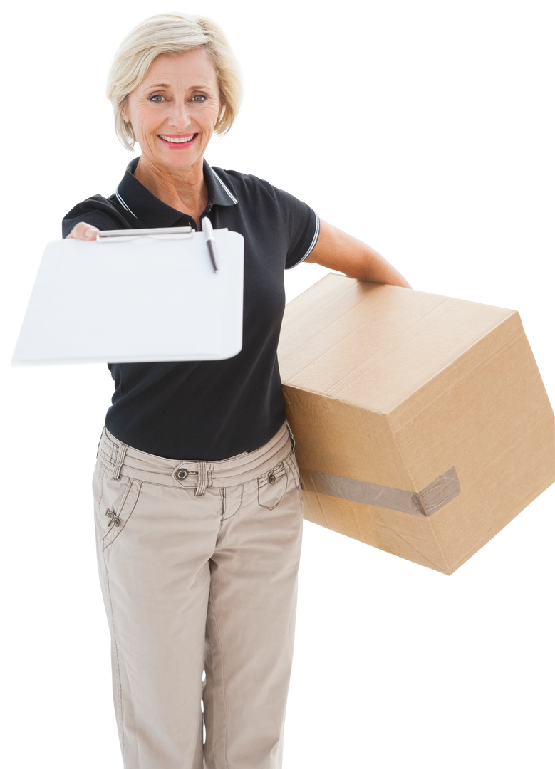 Transparent Mature Woman Delivering Package With Clipboard - Download Free Stock Images Pikwizard.com