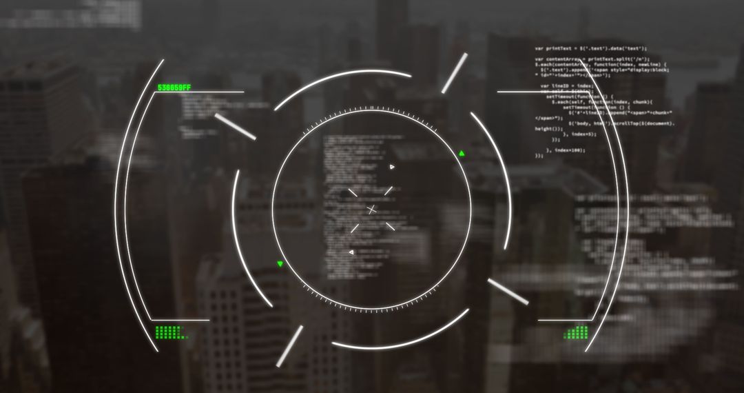Futuristic Digital Overlay and Coding Concepts on Cityscape