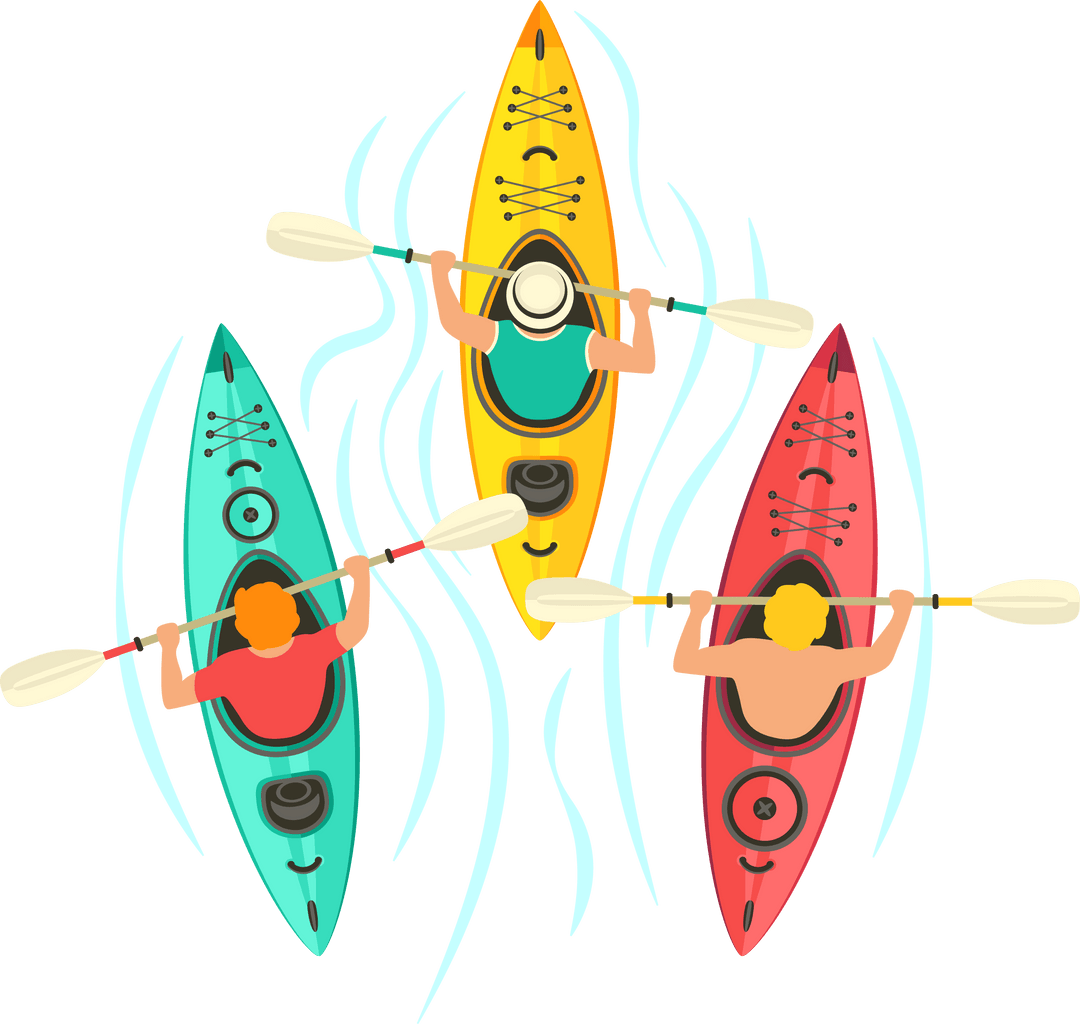 Transparent Flat Design of Three Colorful Kayaks on Wavy Water
