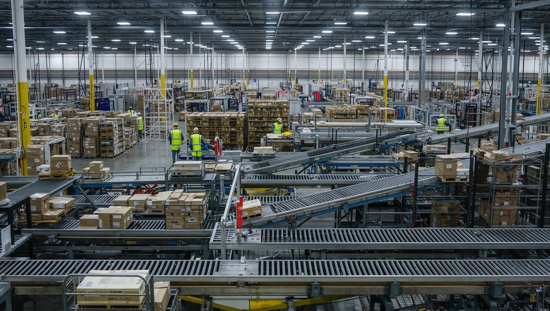 Sorting Parcels on Automated Conveyors in Large Distribution Center with Workers in Vests