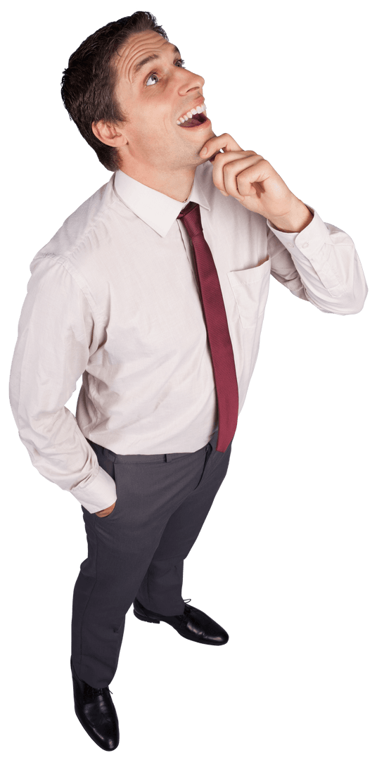Transparent Thinking Businessman Touching Chin Looking Upwards