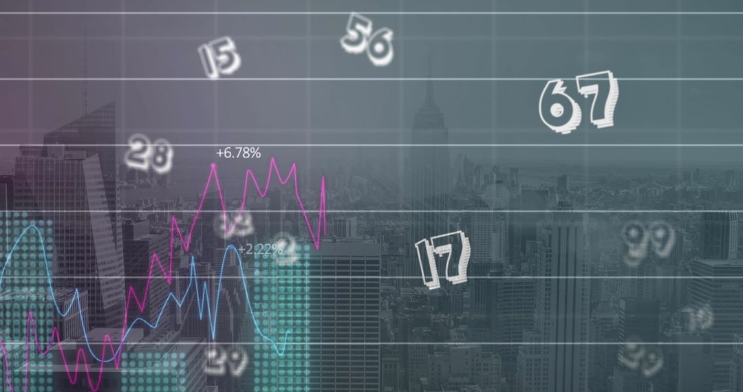 Floating Numbers Over Cityscape Representing Statistical Analysis