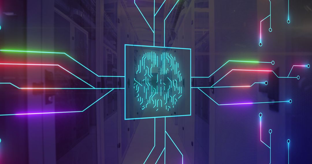 Image of neon brain and network of connections over server room - Free Images, Stock Photos and Pictures on Pikwizard.com