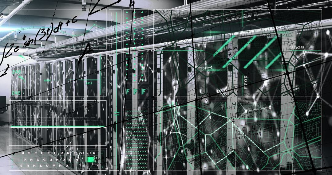 High-Tech Data Center with Digital Overlay and Server Indicators