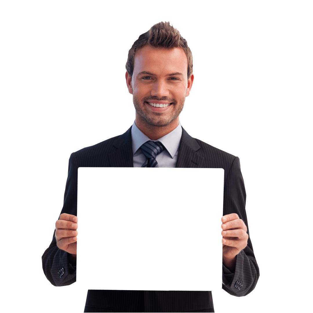Transparent Businessman Holding Blank Card Smiling