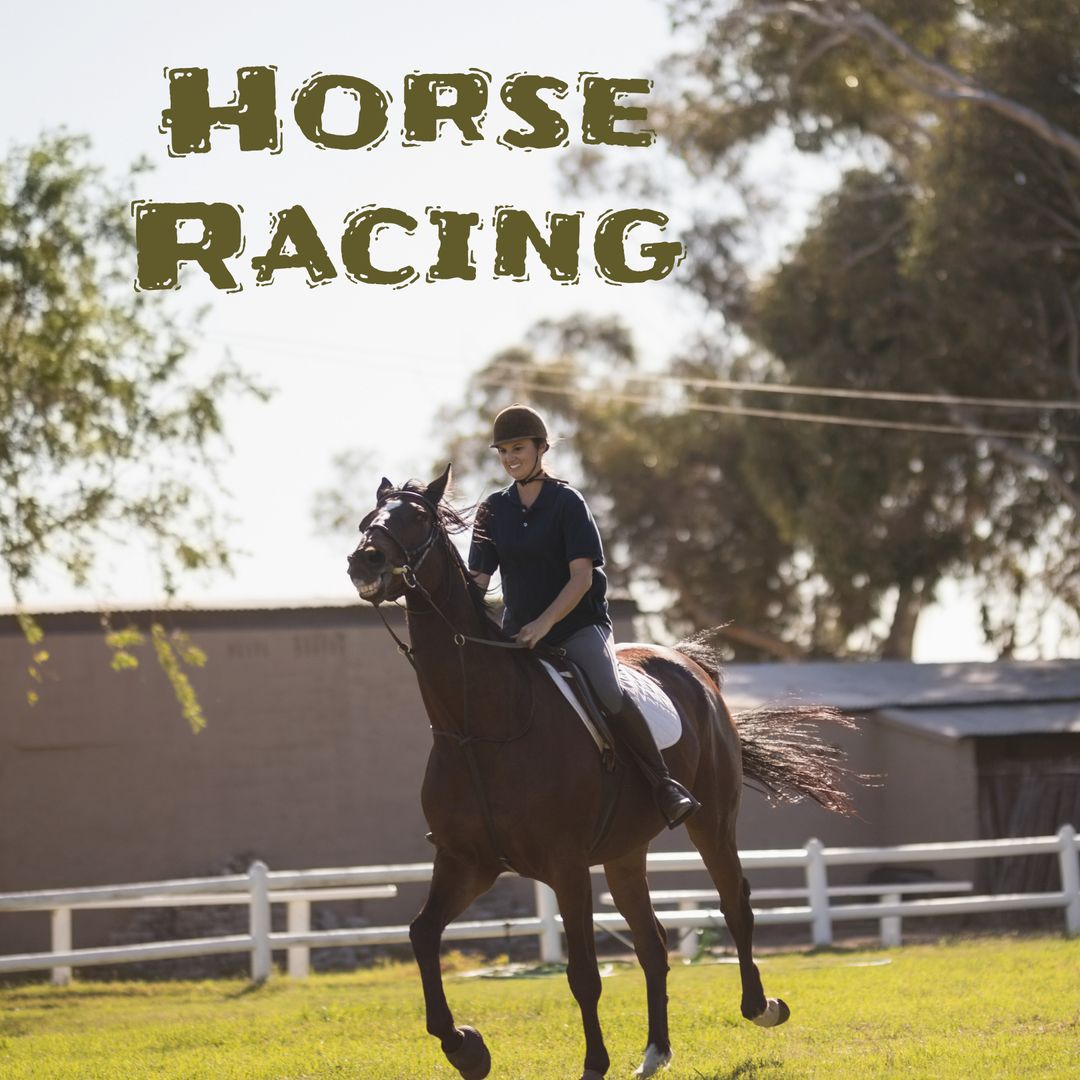 Young Woman Joyfully Riding Horse in Sunny Ranch Equestrian Scene