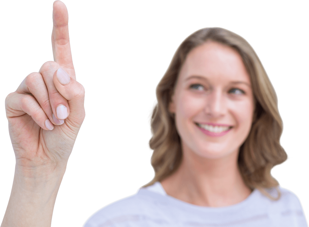 Smiling Woman Pointing Finger, Transparent Background