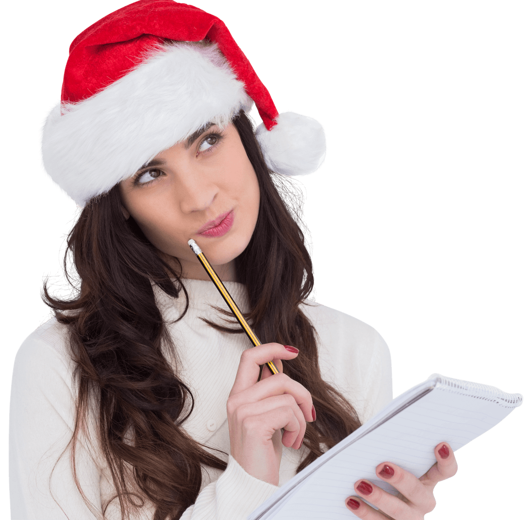 Transparent Woman Dressed in Santa Hat Thinking with Notepad