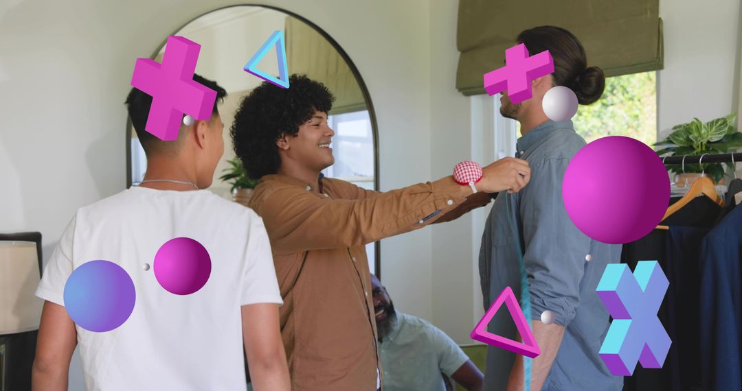Friends adjusting outfit in home wardrobe while styling and laughing with 3D overlays