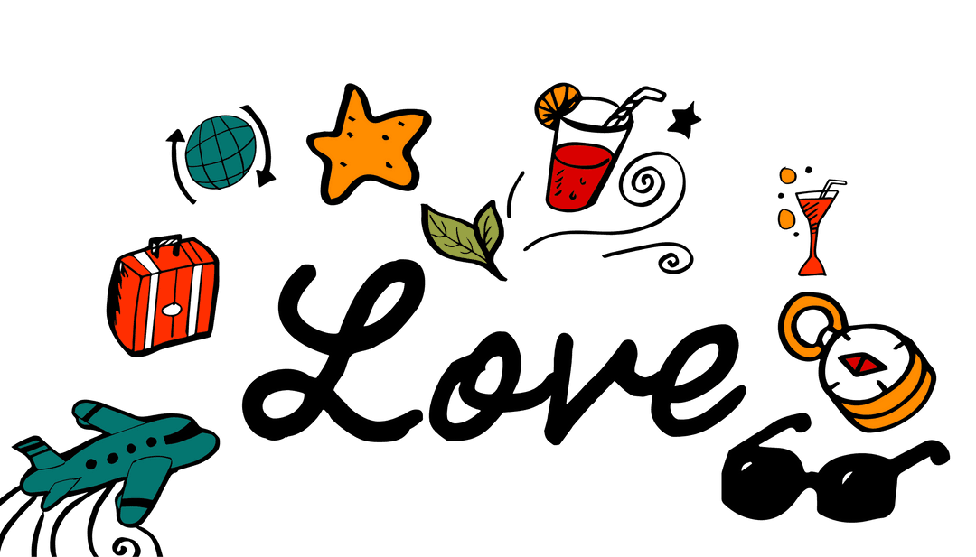 Love Text with Vacation Icons on Transparent Background