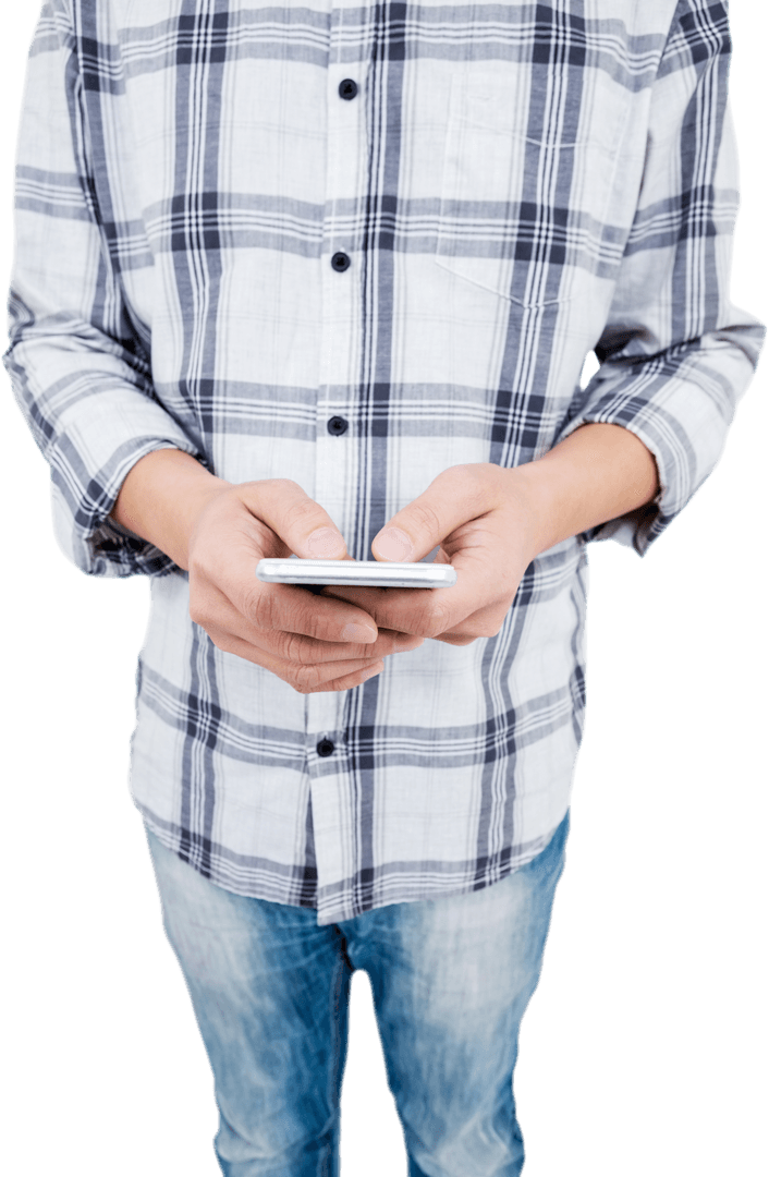 Transparent View of Man Texting in Casual Attire Using Smartphone