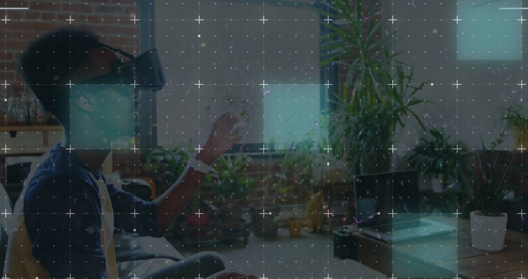 Virtual Reality Concept with Man in VR Headset among Digital Interface