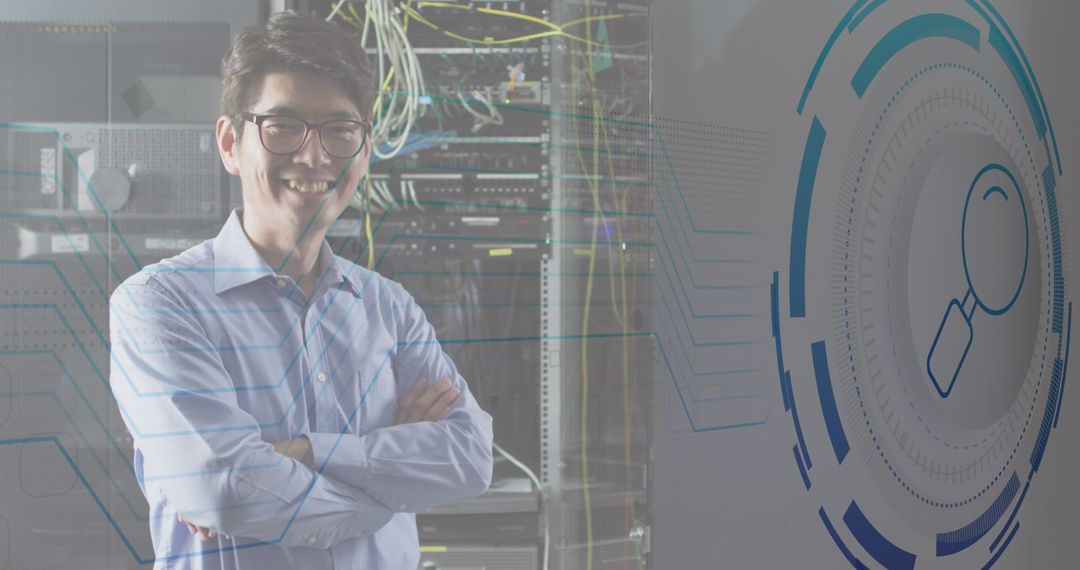 Smiling Asian IT Professional in Server Room Surrounded by Data Interfaces