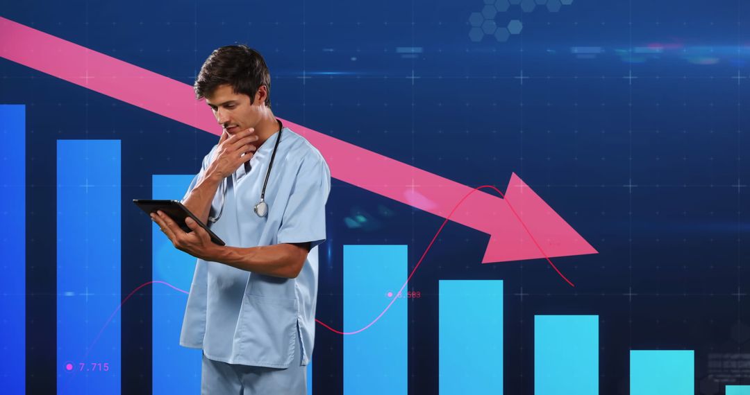 Doctor Analyzing Descending Financial Data with Digital Tablet
