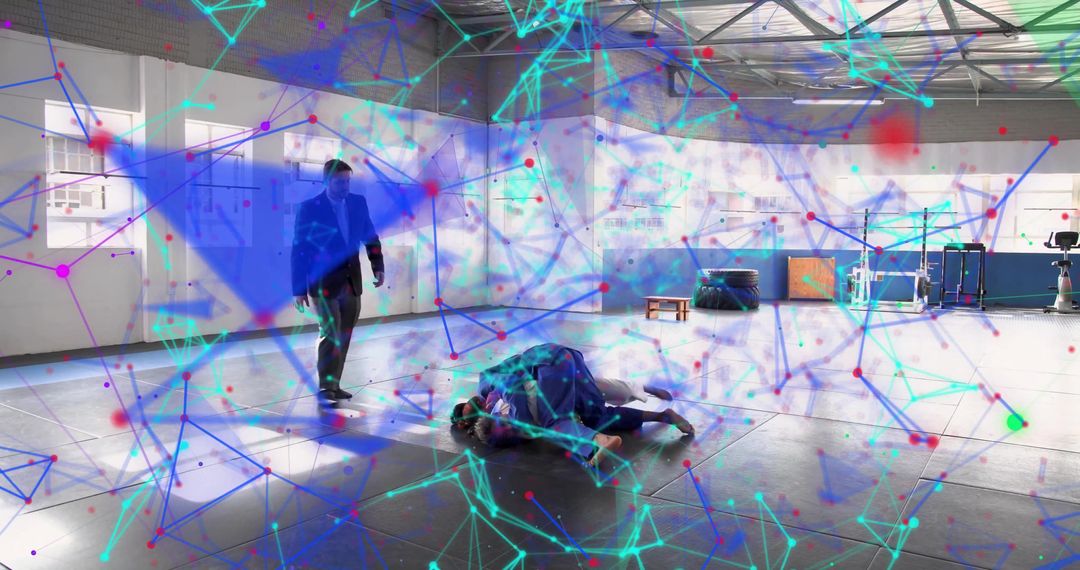 Instructor guiding teenage grappling trainees on mats with neon digital network overlay