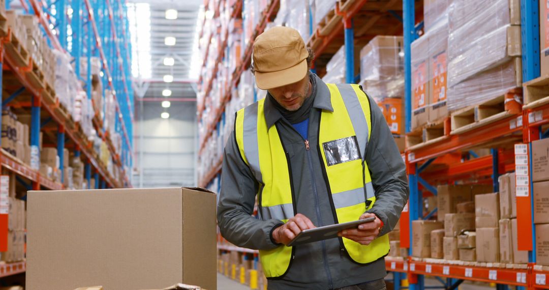 Warehouse Worker Using Digital Tablet in Industrial Storage - Free Images, Stock Photos and Pictures on Pikwizard.com