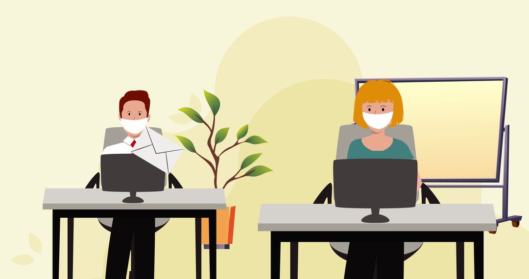 Office Workers Practicing Social Distancing During Pandemic