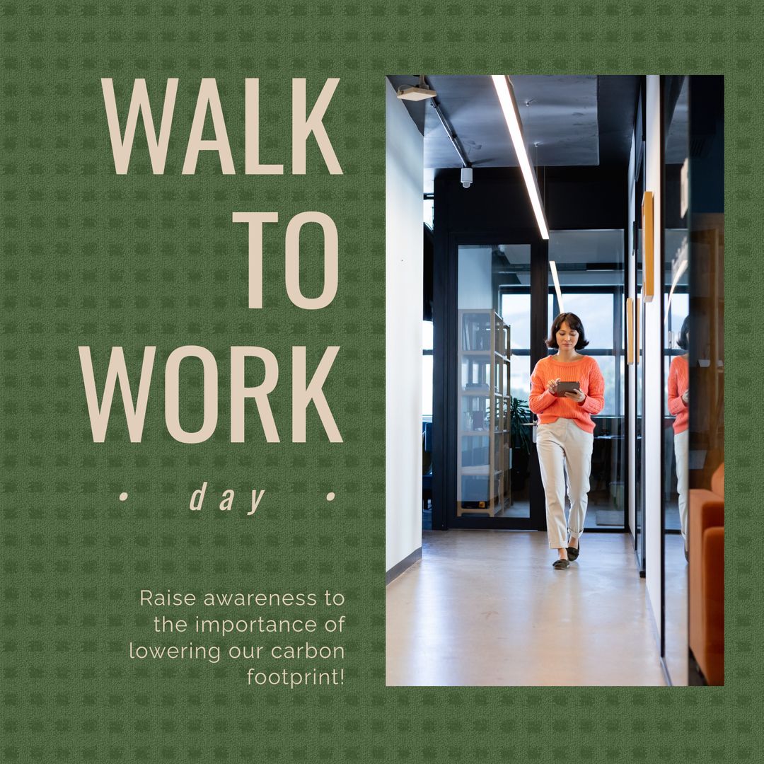 Walk to Work Day Awareness Campaign with Businesswoman Walking in Office - Download Free Stock Templates Pikwizard.com