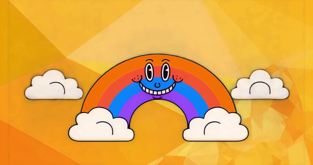 Smiling Rainbow Arcing Over Golden Polygon Backdrop With Fluffy Clouds