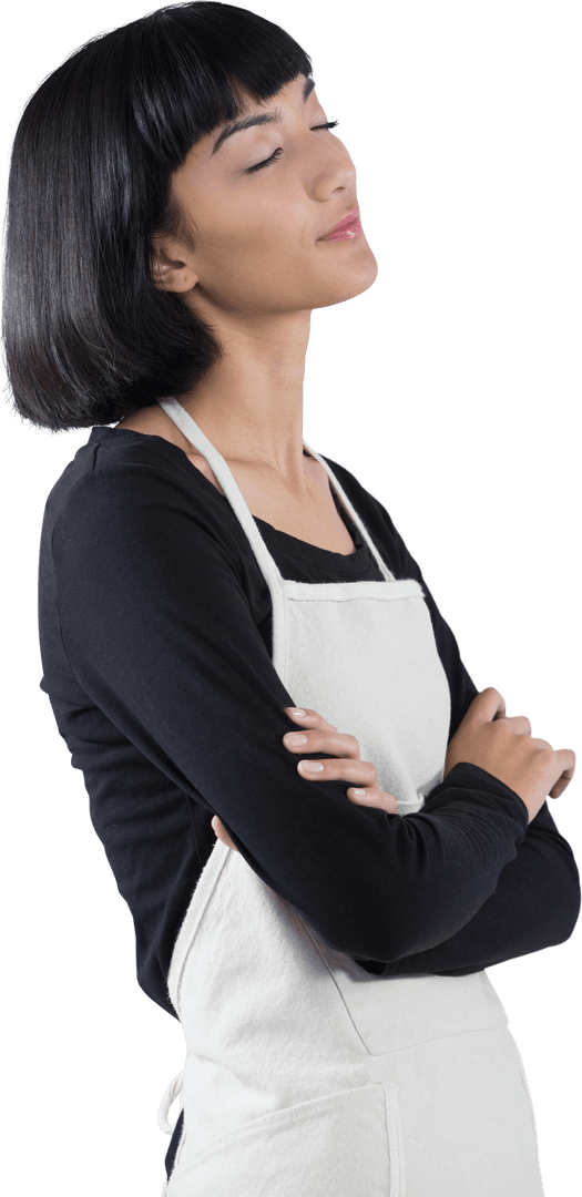 Transparent View of Pensive Waitress with Arms Crossed