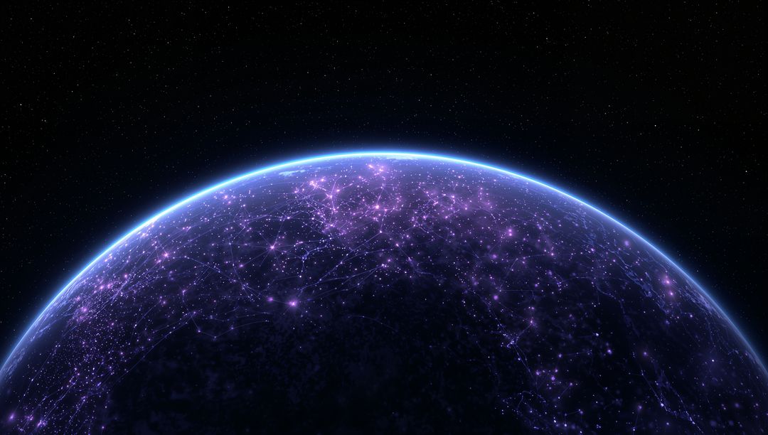 Purple Digital Network Draping Planet Horizon with Blue Atmospheric Halo and Starfield