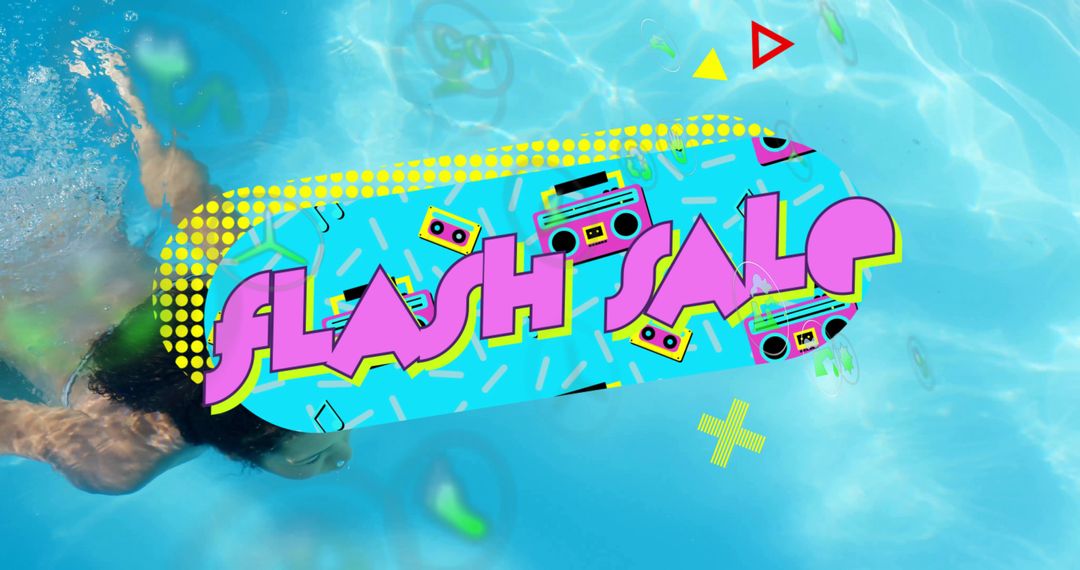 Retro Flash Sale Banner Floating Over Pool With Swimmer in Neon Green Swimsuit
