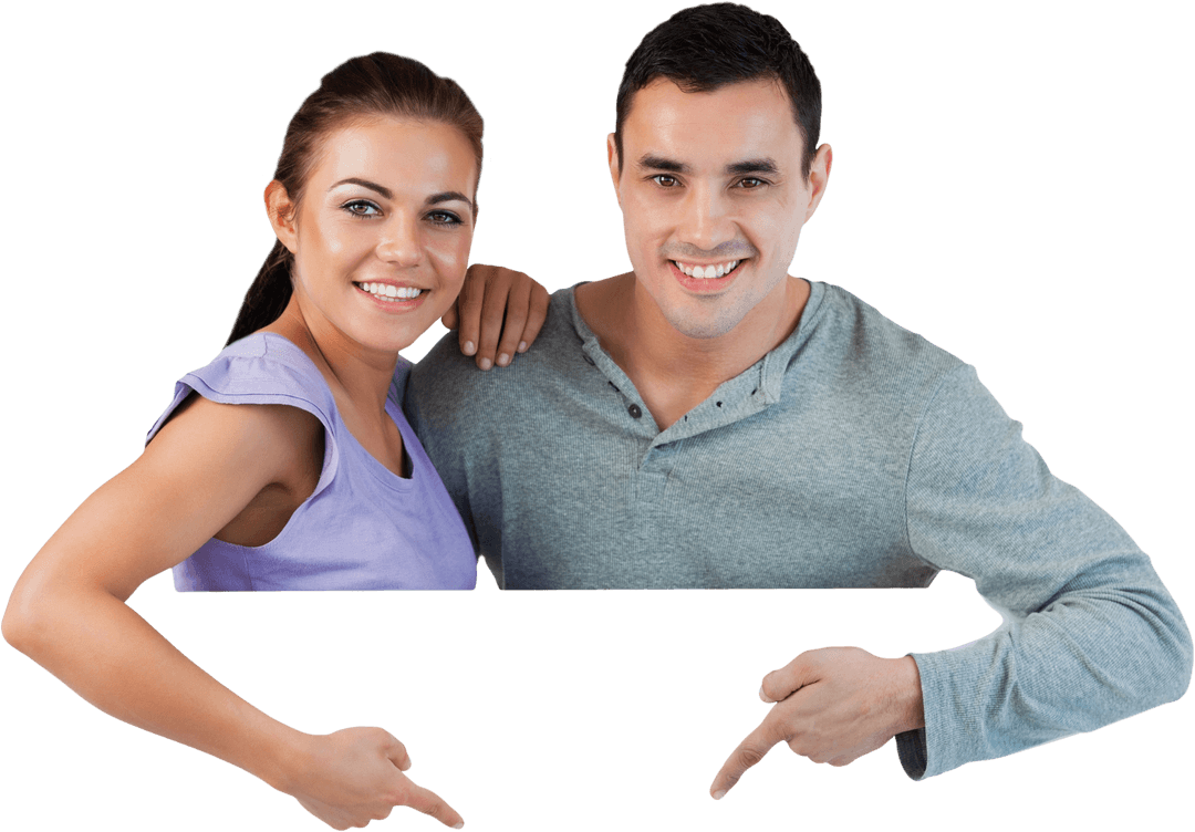 Attractive Male and Female pointing to transparent space