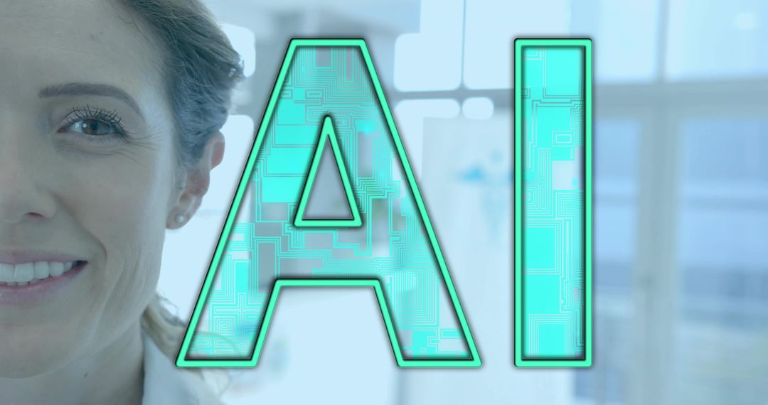 Female Scientist Smiling in Modern Lab with AI Letters Showcasing Biotechnology Innovation