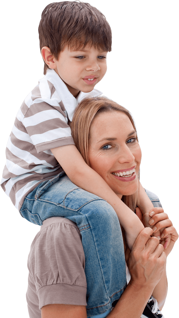Transparent Mother Carrying Child on Shoulders Smiling