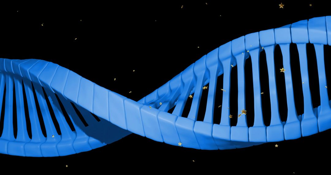 Cerulean DNA Double Helix Ribbon Twisting with Gold Star Particles on Black Backdrop