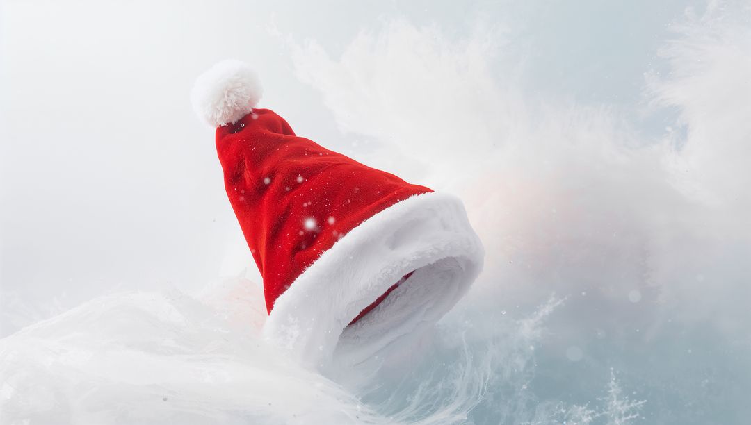 Red Santa Hat with White Fur Trim Floating on Frosty Winter Background with Snow Specks