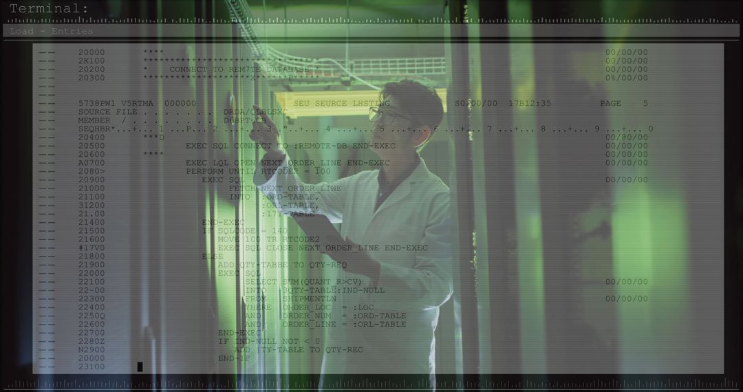 Data Expert Analyzing Servers with Digital Interface Overlay