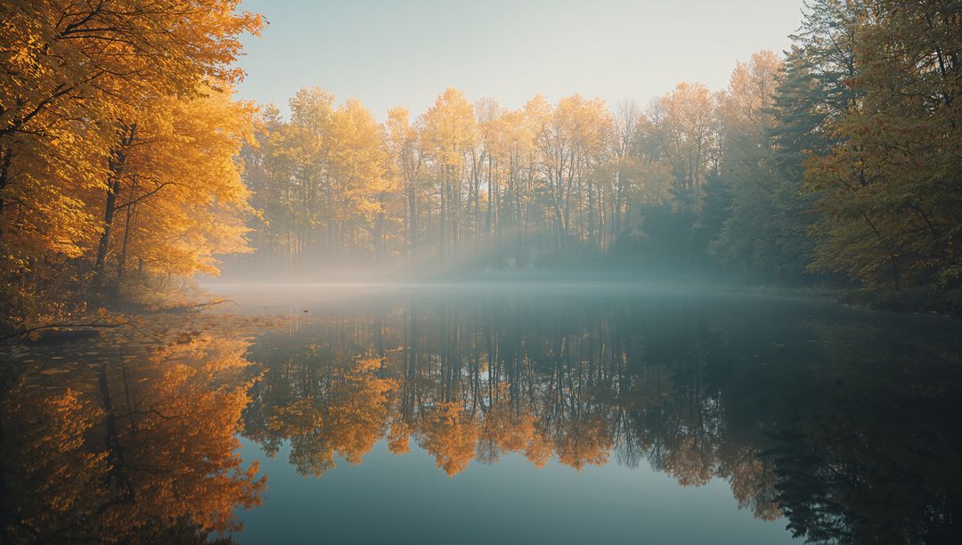 Serene Autumn Forest Reflects on Misty Lake at Dawn