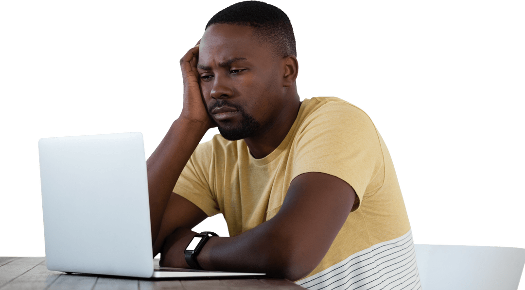 Transparent Image Young Man Looking Sad at Laptop Computer