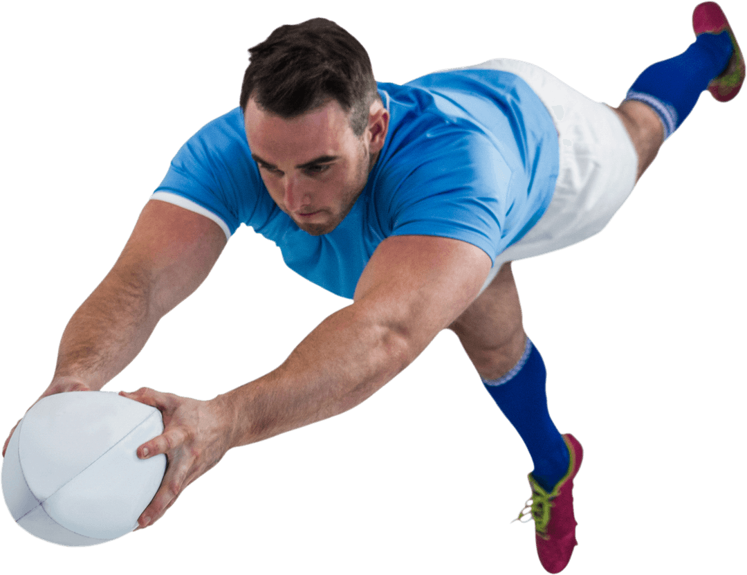 Rugby Player in Blue Jersey Scoring Transparent Try