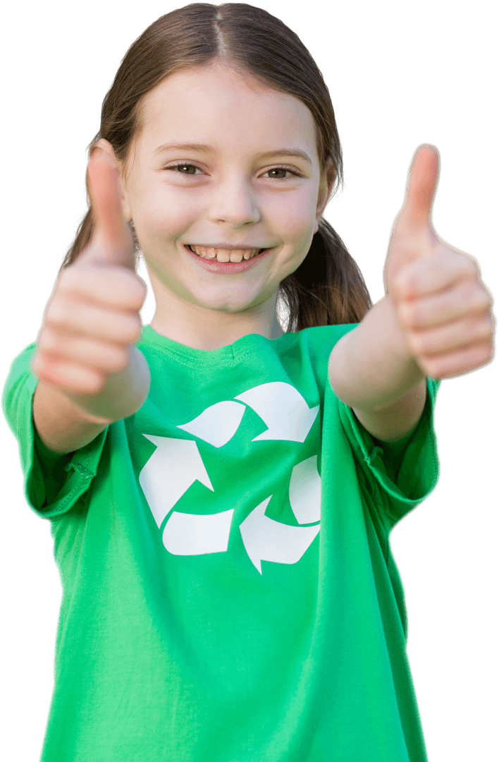 Smiling Girl in Green Recycling Shirt Giving Thumbs Up, Transparent