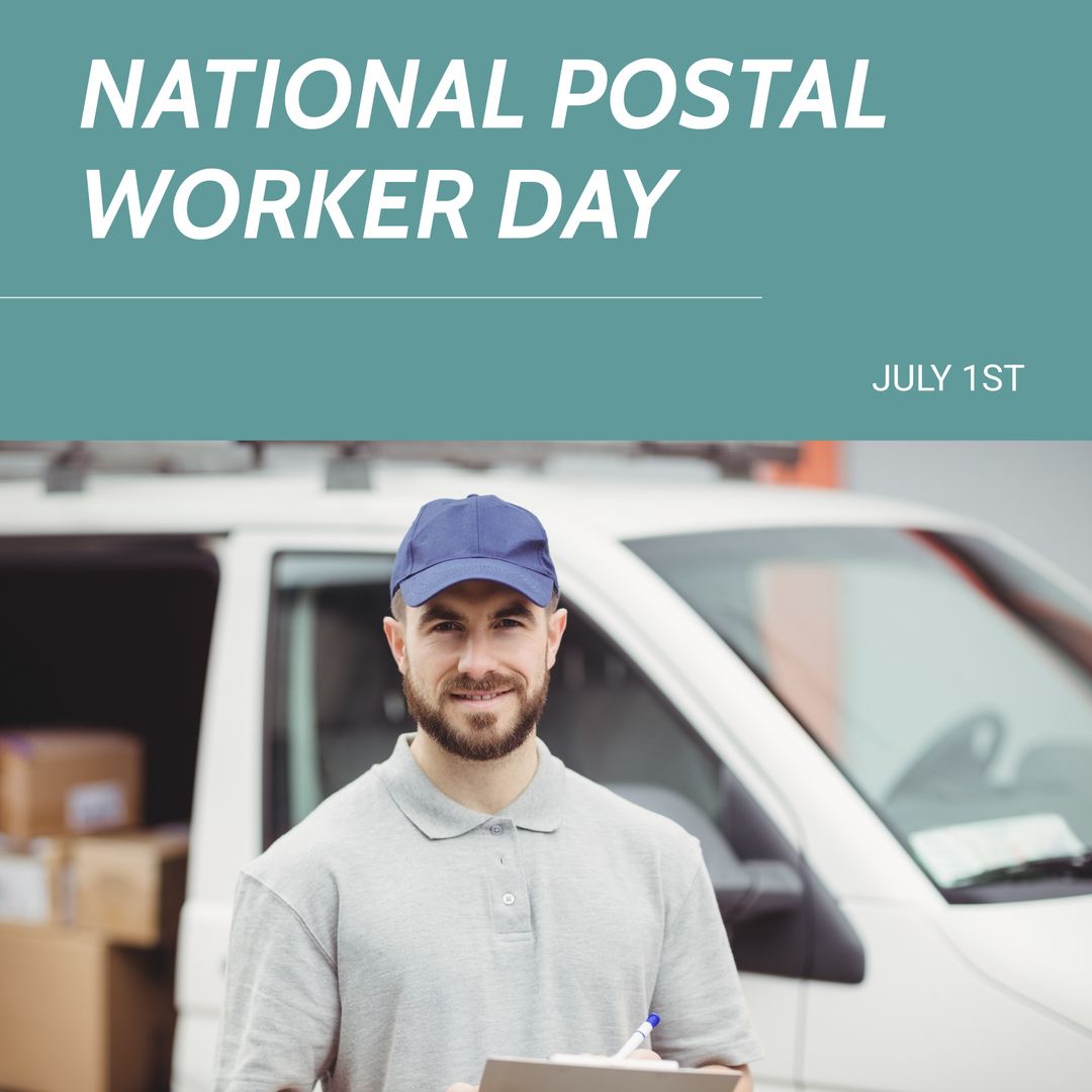 National Postal Worker Day Celebration Bulletin with Delivery Worker and Van - Download Free Stock Templates Pikwizard.com