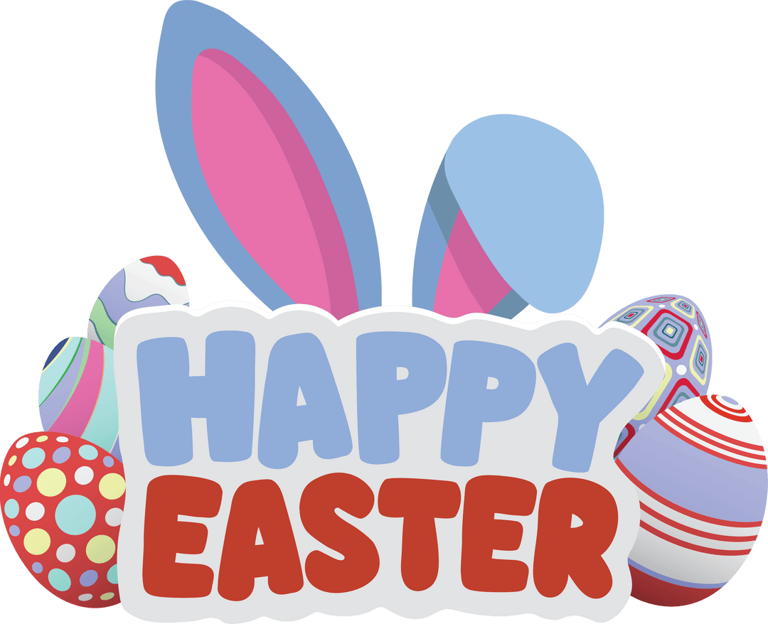 Colorful Happy Easter Greeting with Bunny Ears on Transparent Background