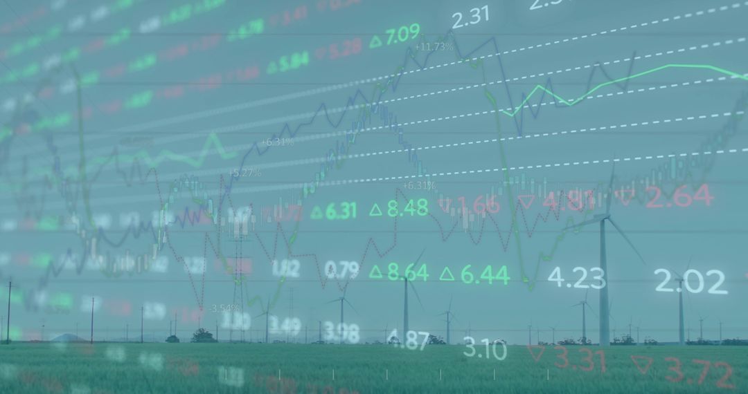 Wind Turbines on Grassland with Overlay of Financial Graphs and Indicators