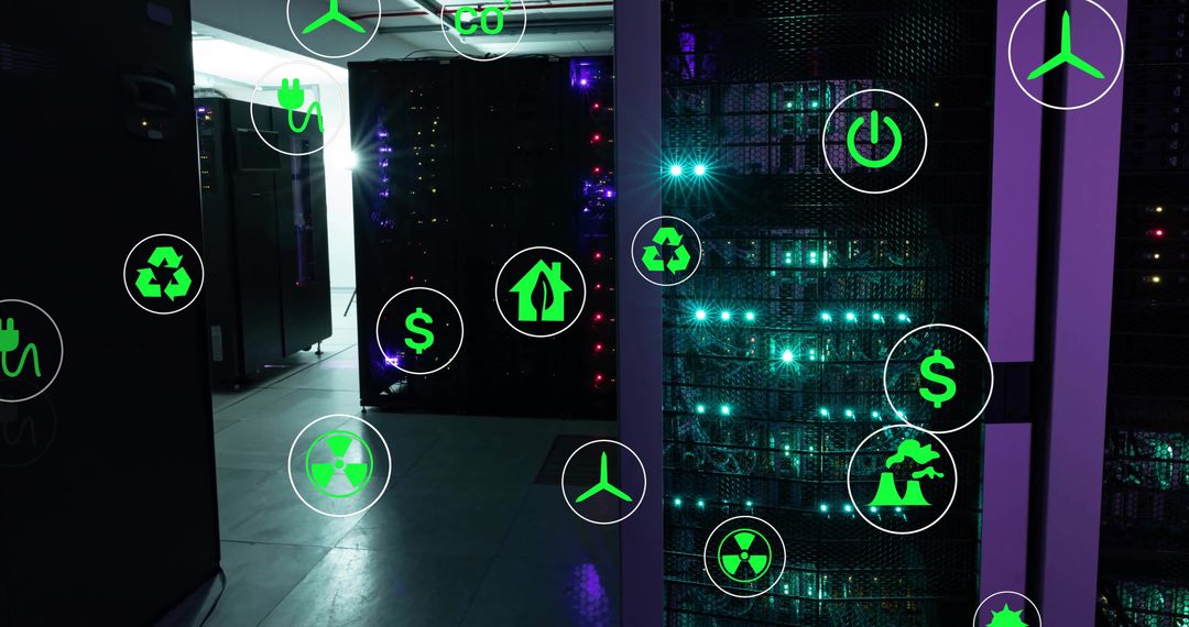 Eco-Friendly Energy Icons Over Data Servers